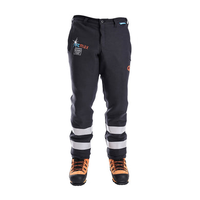 Clogger Arcmax Gen3 Arc Rated FR Mens Chainsaw Trousers with reflective bands and ArcMax logo, paired with orange-black safety boots, designed for fire and arc-flash protection.
