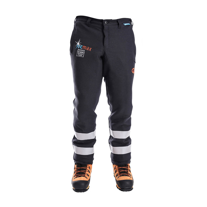 Clogger Arcmax Gen3 Arc Rated FR Mens Chainsaw Trousers with reflective bands and ArcMax logo, paired with orange-black safety boots, designed for fire and arc-flash protection.