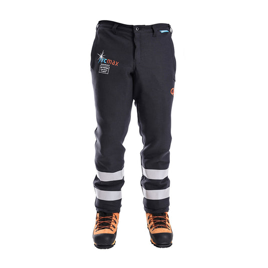 Clogger Arcmax Gen3 Arc Rated FR Mens Chainsaw Trousers with reflective bands and ArcMax logo, paired with orange-black safety boots, designed for fire and arc-flash protection.