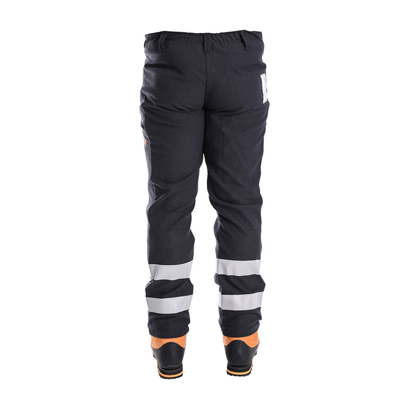 Load image into Gallery viewer, Back view of Clogger Arcmax Gen3 Arc Rated FR Mens Chainsaw Trousers with reflective bands on lower legs, showcasing fire-resistant, stretchable design, worn with orange-and-black safety boots for enhanced workplace safety.
