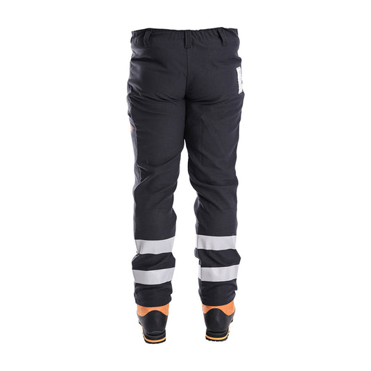 Back view of Clogger Arcmax Gen3 Arc Rated FR Mens Chainsaw Trousers with reflective bands on lower legs, showcasing fire-resistant, stretchable design, worn with orange-and-black safety boots for enhanced workplace safety.