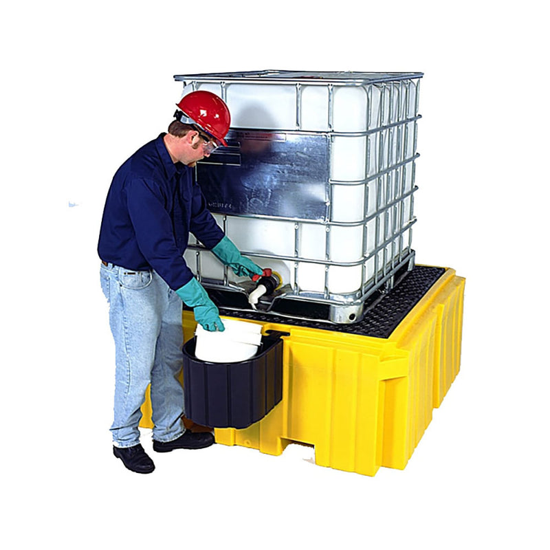 Load image into Gallery viewer, A worker uses the Ultra IBC Pallet Bucket Shelf to safely capture leaks from an IBC&#39;s outlet valve, directing spills over 11L back to the spill pallet&#39;s main sump.
