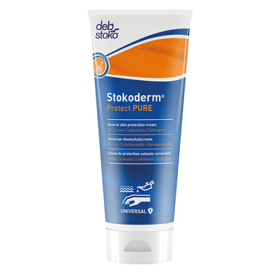Stokoderm Protect Pure 100ml Tube, a squeeze-tube skin protection cream, ideal for harsh environments, offers quick absorption and non-greasy protection against oils and solvents, compatible with gloves for workplace safety.