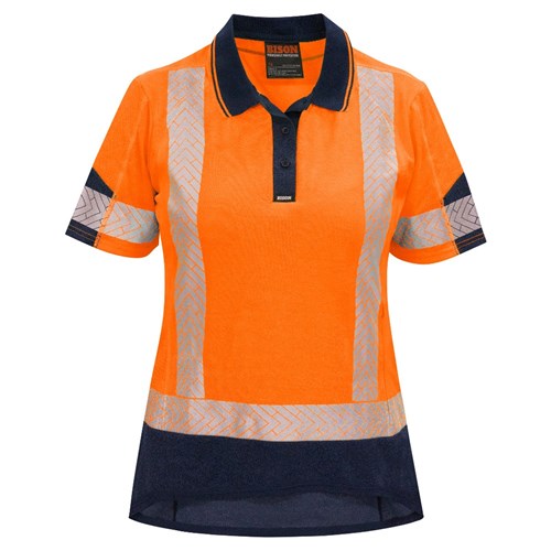 Load image into Gallery viewer, Bison Women’s Hi Vis Taped Cotton Back Polo, Orange/Navy
