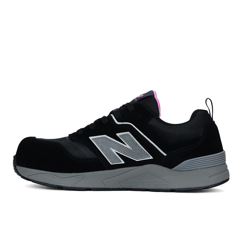 Load image into Gallery viewer, New Balance Elite Lite Womens Safety Shoe, Black/Rose, shows a black mesh and suede upper with a silver N logo, grey midsole, composite toe, and slip-resistant outsole, combining style and safety.
