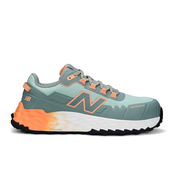 New Balance Fresh Foam Cremorne Women's Safety Shoe, Aqua/Pumpkin, showcases a trail-running design with Fresh Foam cushioning, composite safety toe, and slip-resistant outsole, ideal for comfort and protection in active workplace settings.