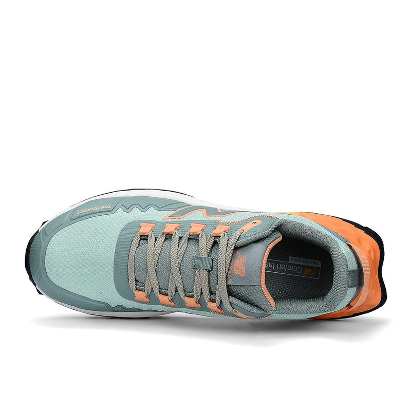 Load image into Gallery viewer, New Balance Fresh Foam Cremorne Womens Safety Shoe, Aqua/Pumpkin: Top-down view showcasing a trail sneaker with “TOE PROTECT” label, highlighting its fusion of athletic design and industrial safety features.
