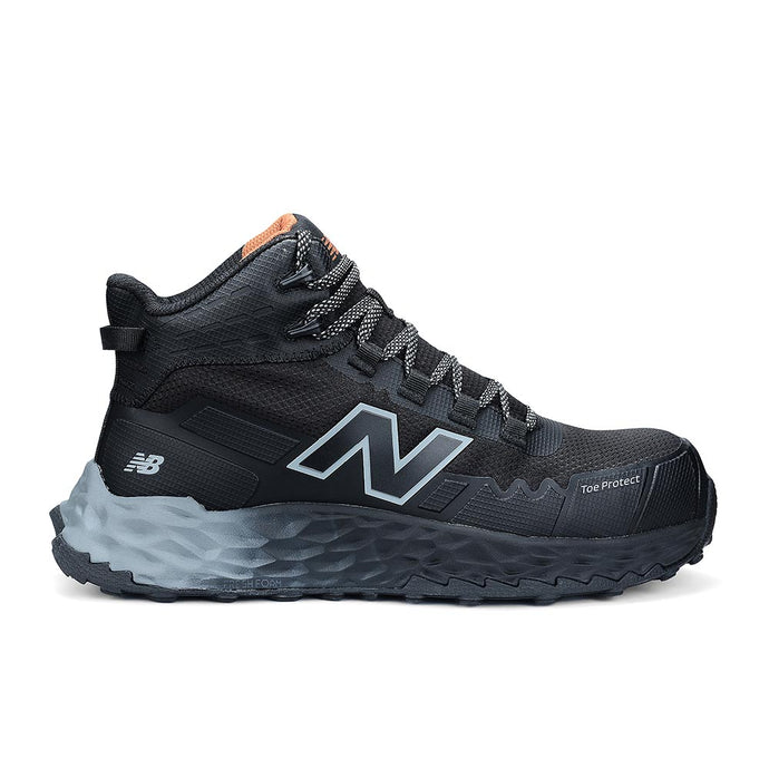New Balance Womens Fresh Foam Cremorne Mid Safety Boot, Black/Grey, features a reinforced toe cap, cushioned midsole, and slip-resistant outsole, offering style and protection for workplace safety.