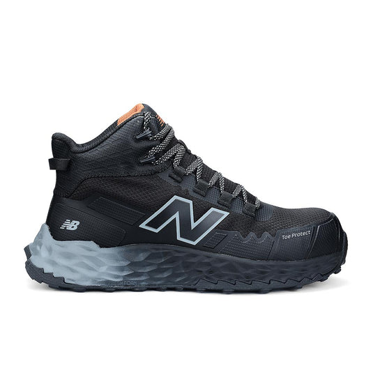 New Balance Womens Fresh Foam Cremorne Mid Safety Boot, Black/Grey, features a reinforced toe cap, cushioned midsole, and slip-resistant outsole, offering style and protection for workplace safety.