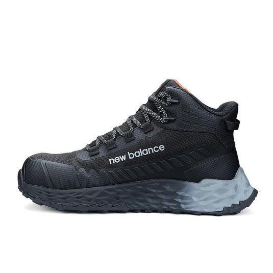 New Balance Womens Fresh Foam Cremorne Mid Safety Boot showcases a black mesh upper with reflective laces, composite safety toe, and two-tone foam outsole, ideal for durable and comfortable workplace safety.