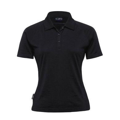 Merino Womens Short Sleeve Polo in black, featuring a self-fabric collar and short raglan sleeves with cover stitch detailing, ideal for active safety wear.