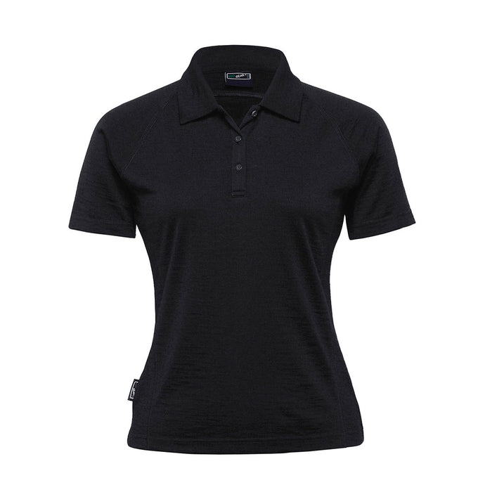 Merino Womens Short Sleeve Polo in black, featuring a self-fabric collar and short raglan sleeves with cover stitch detailing, ideal for active safety wear.