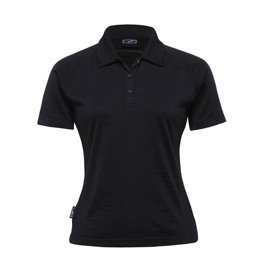 Merino Womens Short Sleeve Polo in black, featuring a self-fabric collar and short raglan sleeves with cover stitch detailing, ideal for active safety wear.