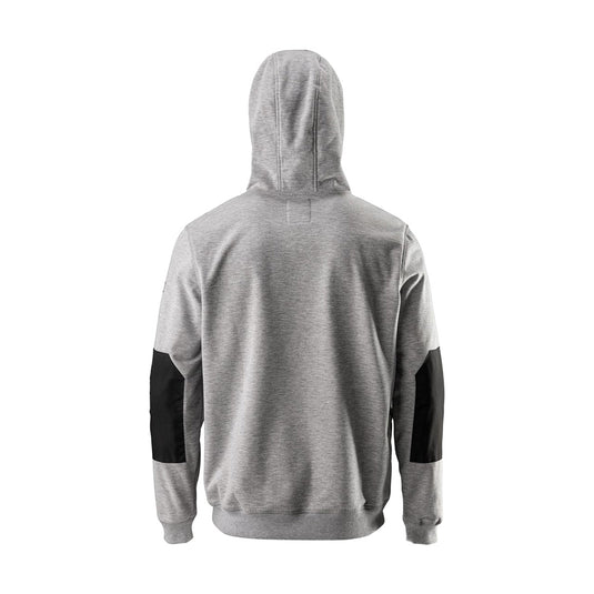 FXD WF-1 Water Resistant Work Hoodie, featuring a light-gray pullover design with black elbow patches, built-in hood, and long sleeves, laid flat. Windproof and water-resistant, ideal for workplace safety.