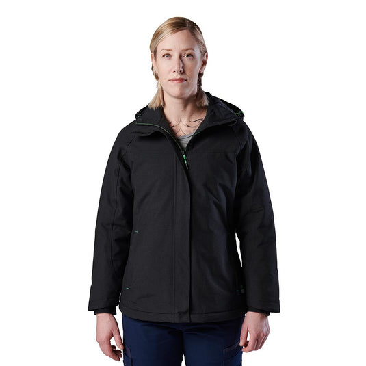 Person wearing FXD WO-1W Waterproof Jacket, a high-performance outerwear with hood and reflective details, designed for durability and protection in harsh conditions, ideal for workplace safety and comfort.