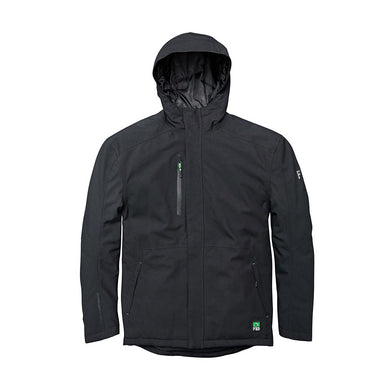 FXD WO-1 Waterproof Jacket, a black hooded soft-shell with high collar, zippered chest pocket, hand-warmer pockets, and visible logo patch, designed for durability in harsh weather conditions.