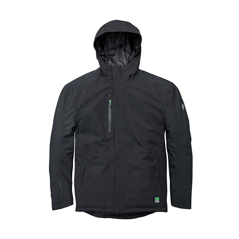 Load image into Gallery viewer, FXD WO-1 Waterproof Jacket, a black hooded soft-shell with high collar, zippered chest pocket, hand-warmer pockets, and visible logo patch, designed for durability in harsh weather conditions.
