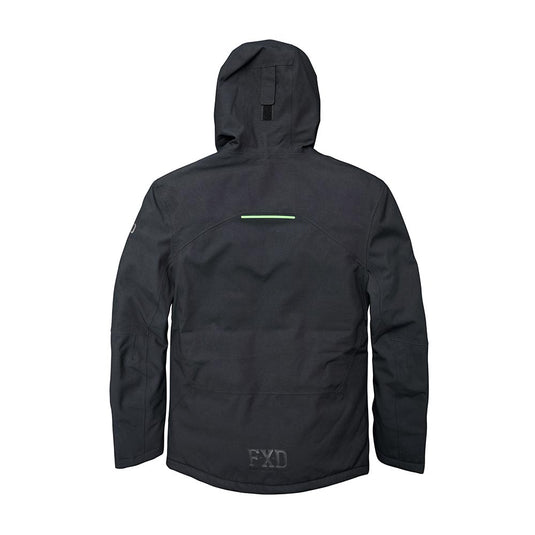 FXD WO-1 Waterproof Jacket rear view, featuring a hood and reflective back stripe. Designed for harsh conditions with windproof, waterproof features, and FXD branding near the hem for workwear durability.