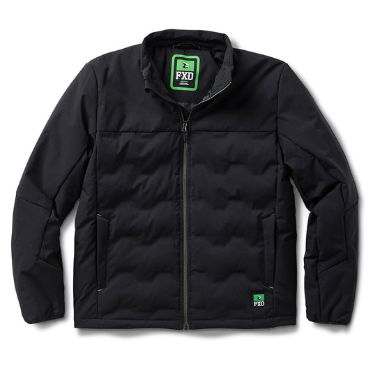 FXD WO-5 Insulated Puffer Jacket with stitchless quilted design, zip-front, stand-up collar, and FXD logo. Features secure zip pockets and green reflective strip, ideal for workwear protection.