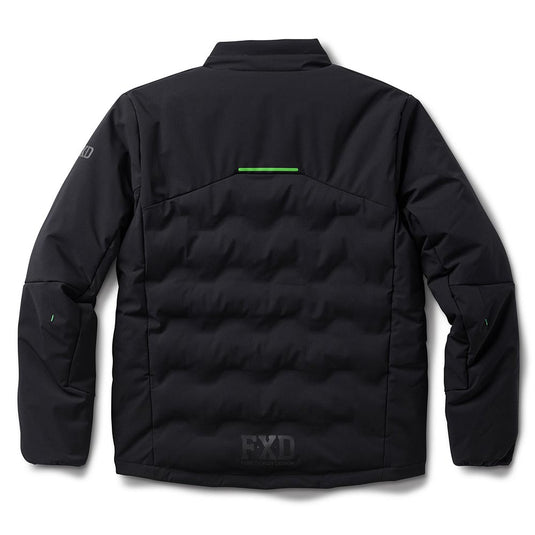 FXD WO-5 Insulated Puffer Jacket showcasing a quilted back, long sleeves, and a stand collar, with green accent stitching and the FXD logo near the hem, ideal for durable workwear.