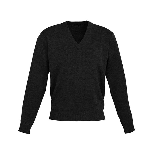 The Biz Mens Woolmix Knit Pullover, a durable long-sleeve V-neck sweater, features a sturdy wool-acrylic blend, perfect for demanding environments. Ideal for active safety workwear needs.
