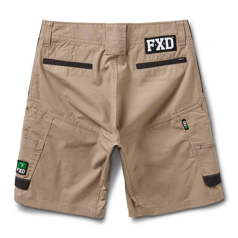 Load image into Gallery viewer, FXD WS-5W Women’s Work Short, rear view, features reinforced waistband, welt and cargo pockets, flex hip panels, and FXD logo details, designed for superior fit and movement in work environments.
