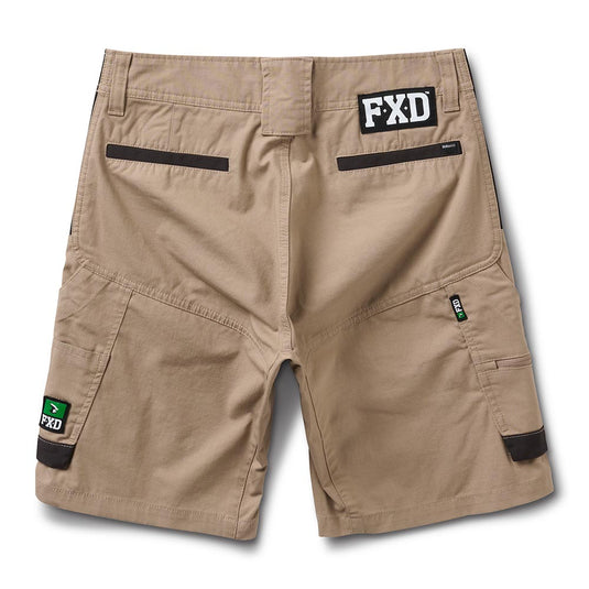 FXD WS-5W Women’s Work Short, rear view, features reinforced waistband, welt and cargo pockets, flex hip panels, and FXD logo details, designed for superior fit and movement in work environments.