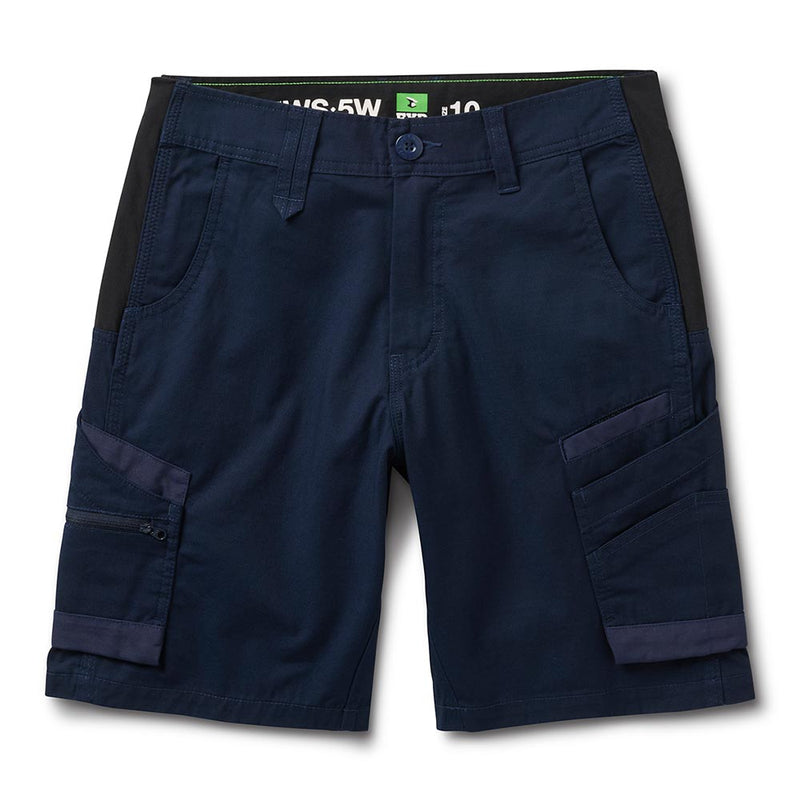Load image into Gallery viewer, FXD WS-5W Women's Work Short showcases navy-blue cargo shorts with belt loops, front slash pockets, and side utility pockets, featuring stretch ripstop fabric for flexibility and enhanced movement.
