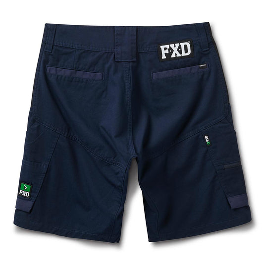FXD WS-5W Women’s Work Short back view showcasing cargo pockets, FXD branding, and double weave flex hip panels for enhanced fit and movement, ideal for safety and work environments.