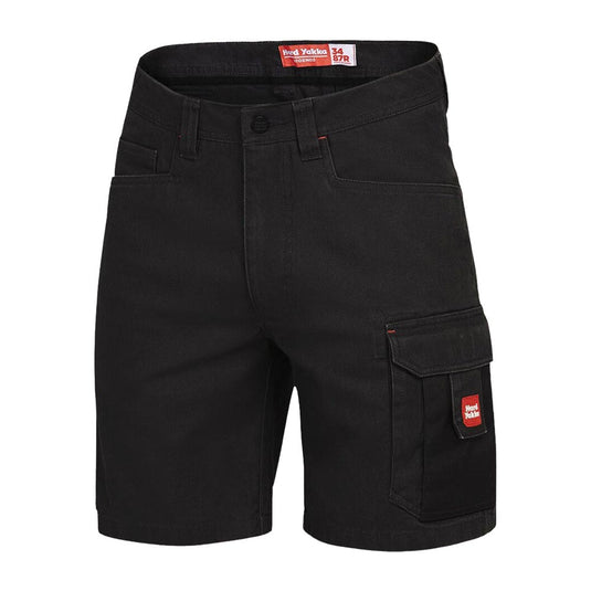 Hard Yakka Legends Relaxed Fit Cotton Work Cargo Short features heavy-duty fabric, Cordura reinforcement, and multiple pockets, ideal for safety-focused work environments.