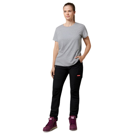 Hard Yakka Womens Ripstop Cargo Pant showcases durable ripstop fabric with a slim, articulated fit, reinforced pockets, and metal zippers, embodying functional workwear tailored for women with recycled material.
