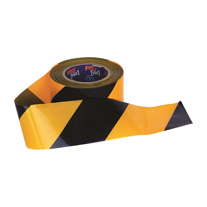 Pro Barricade Tape Yellow/Black: 100m roll with durable, medium-duty 50 micron plastic, featuring alternating yellow and black diagonal stripes, ideal for marking hazardous areas to enhance workplace safety.