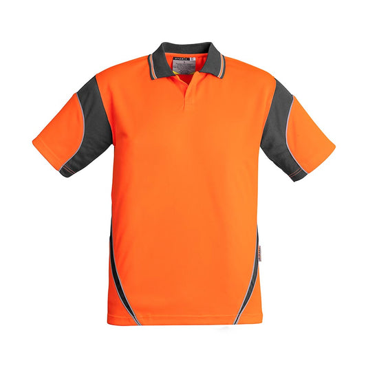 Syzmik Hi Vis Aztec Short Sleeve Polo, crafted from breathable, quick-dry polyester, features high-visibility design with dark gray sleeve and collar panels, ideal for safety-focused environments in the food industry.
