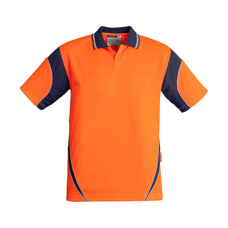 Load image into Gallery viewer, Syzmik Hi Vis Aztec Short Sleeve Polo features a bright orange body with navy panels and collar, moisture-wicking polyester, and UPF 50 protection, ideal for safety-focused workplaces like Active Safety's range.
