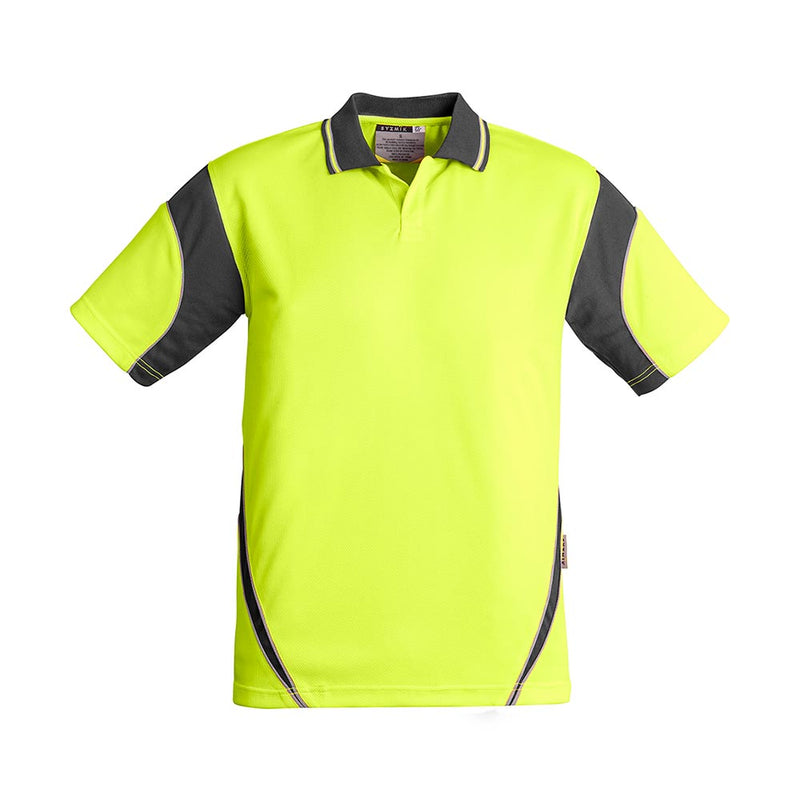 Load image into Gallery viewer, Syzmik Hi Vis Aztec Short Sleeve Polo, designed for high visibility with moisture-wicking polyester, features charcoal-gray panels, a button-free placket, and includes a loose pocket, ideal for construction environments.
