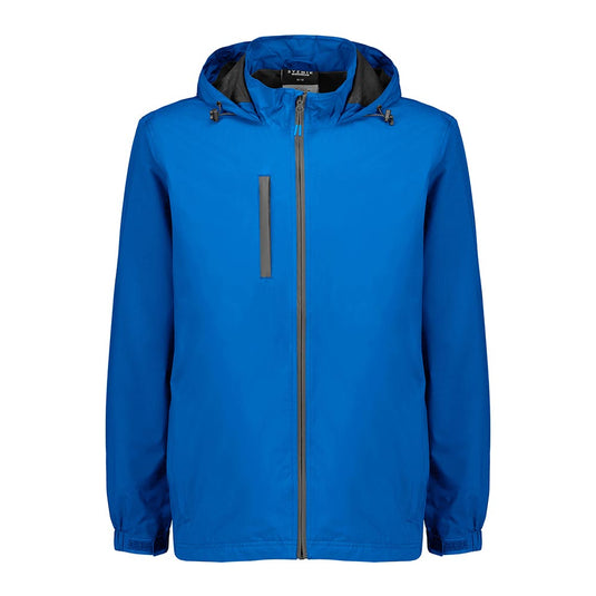 Syzmik Unisex Super Light Packable Rain Jacket, a bright-blue hooded windbreaker with full-length zipper, angled chest pocket, adjustable cuffs, and mesh lining for breathability, designed for lightweight, waterproof protection.