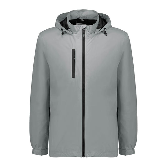 Syzmik Unisex Super Light Packable Rain Jacket features a hooded windbreaker design with drawcord adjustments, full-length front zipper, and zippered chest pocket, ideal for lightweight, breathable wet weather protection.