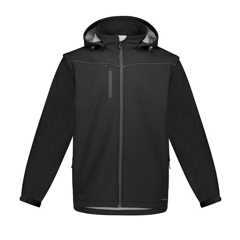 Load image into Gallery viewer, Syzmik Unisex Streetworx 2-in-1 Stretch Softshell Jacket with detachable sleeves and hood, featuring a chest phone pocket, two zippered hip pockets, adjustable cuffs, and a longer tail for enhanced protection.
