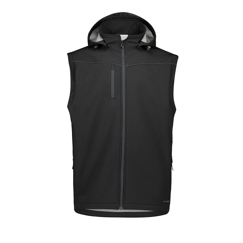 Load image into Gallery viewer, Syzmik Unisex Streetworx 2-in-1 Stretch Softshell Jacket features a black, sleeveless design with a full zipper, attached hood, zippered chest and side pockets, emphasizing functionality and weather protection.
