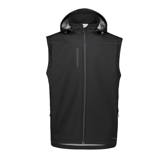 Syzmik Unisex Streetworx 2-in-1 Stretch Softshell Jacket features a black, sleeveless design with a full zipper, attached hood, zippered chest and side pockets, emphasizing functionality and weather protection.