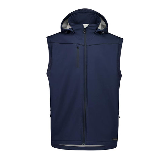 Syzmik Unisex Streetworx 2-in-1 Stretch Softshell Jacket with detachable sleeves and hood, featuring a full-length zipper, chest and side zip pockets, ideal for active safety and comfort in rugged conditions.