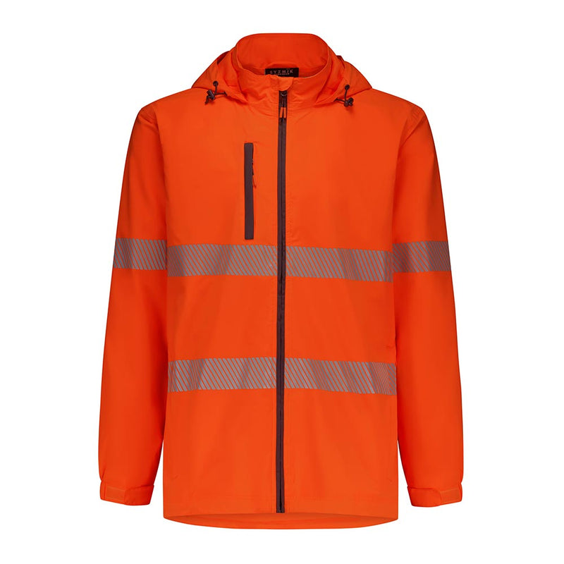 Load image into Gallery viewer, Syzmik Unisex Super Light Segmented Tape Packable Rain Jacket with reflective stripes, hood, zip-up chest pocket, and adjustable cuffs, designed for lightweight, breathable, and waterproof protection, ideal for safety and work environments.
