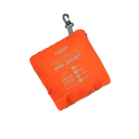 Syzmik Unisex Super Light Segmented Tape Packable Rain Jacket, compactly stored in a bright orange stuff sack with a clip-on hook, highlighting portability and safety-focused design for active work environments.