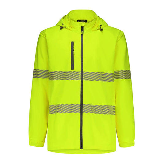 Syzmik Unisex Super Light Segmented Tape Packable Rain Jacket, featuring reflective bands, adjustable hood, and cuffs, with multiple zip pockets for secure storage, ideal for active safety and weather protection.