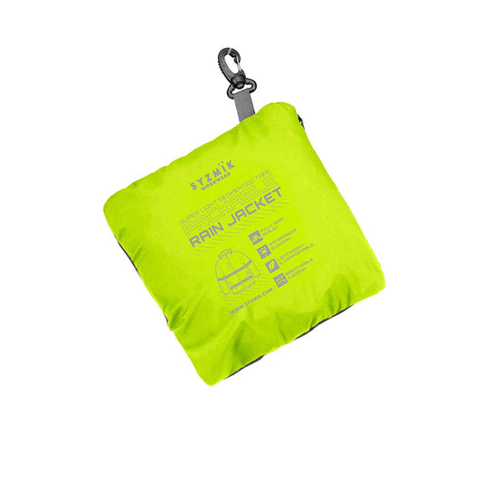 Syzmik Unisex Super Light Segmented Tape Packable Rain Jacket, shown packed in a labeled pouch with a clip, highlights features like waterproofing, breathability, and easy portability, ideal for active safety work environments.