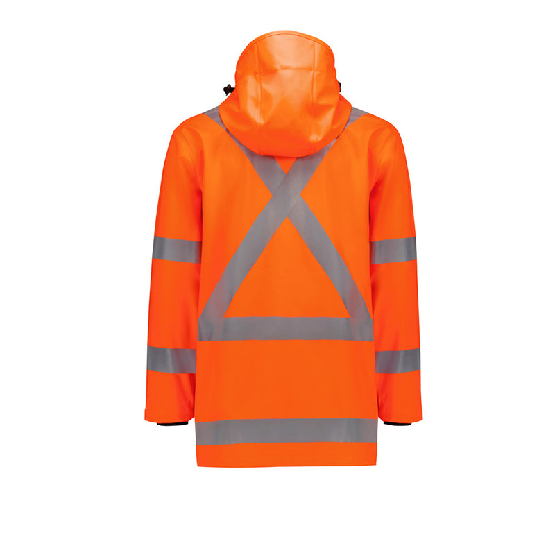 Load image into Gallery viewer, Syzmik Hi Vis TTMC-W23 X Back PU Rain Jacket featuring Bio Motion tape, adjustable hard hat hood, neoprene cuffs, waterproof zips, and welded seams, ideal for safety and protection in wet conditions.
