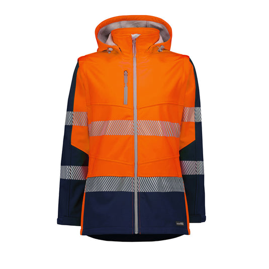 Syzmik Streetworx 2-in-1 Stretch Softshell Jacket with zip-off sleeves, designed for women; features bio motion tape, adjustable cuffs, water resistance, zip-off hood, and multiple secure pockets for active safety use.