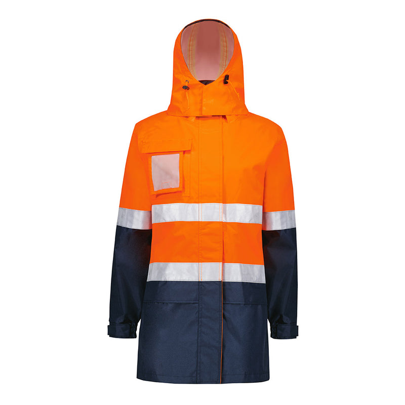 Load image into Gallery viewer, Syzmik Womens Ultralite Waterproof Jacket with reflective tape, seam-sealed design, and concealed adjustable hood, engineered for women. Features chin guard, storm flap, and multiple pockets for functionality and comfort.
