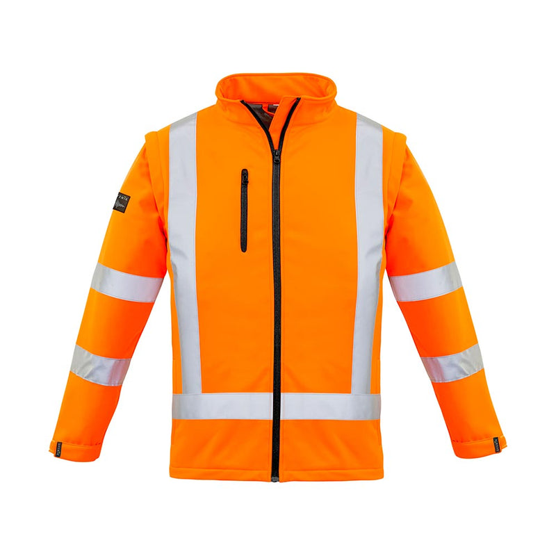Load image into Gallery viewer, Syzmik Womens Hi Vis X Back 2-in-1 Softshell Jacket, Orange, features reflective striping, zip-off sleeves, adjustable cuffs, and secure pockets, designed for visibility and protection in safety-focused environments.
