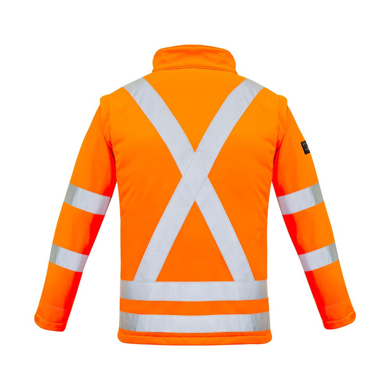 Load image into Gallery viewer, Syzmik Womens Hi Vis X Back 2-in-1 Softshell Jacket, featuring removable sleeves, silver reflective striping in Bio Motion and X back rail tape configurations, and multiple secure pockets for practical workplace safety.
